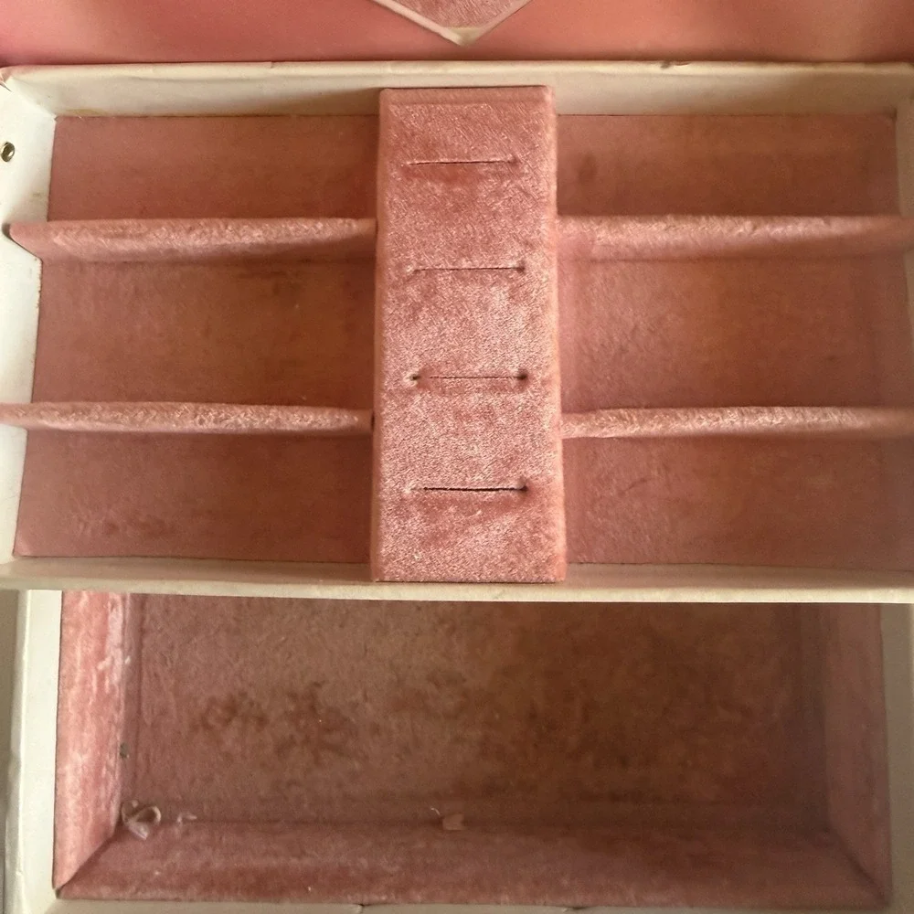 Vintage White Pink Velvet Lined Jewelry Box with Mirror